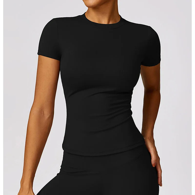 CNSHELL Custom Logo Nylon Brushed Fabric Tight Crew Neck Basic Short Sleeves Yoga Fitness Workout Gym Sports T Shirt