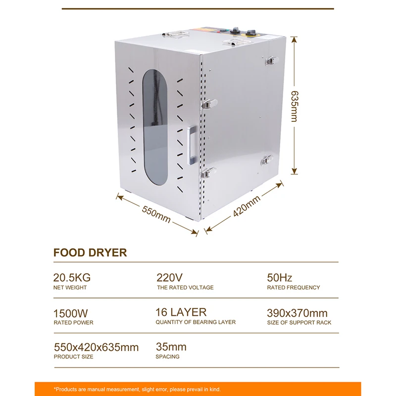 16 Trays Trays Food Dehydrator Snacks Dehydration Dryer Fruit Vegetable Herb Meat Drying Machine Stainless Steel