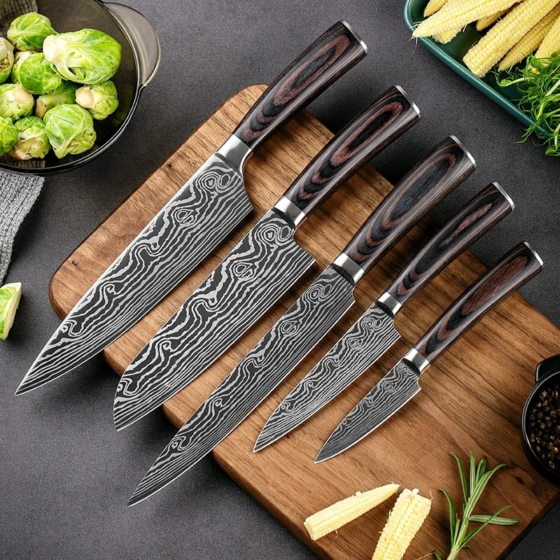 Damascus Laser Patterns Kitchen Japanese Knives set with Pakka Color Wood Handle Stainless