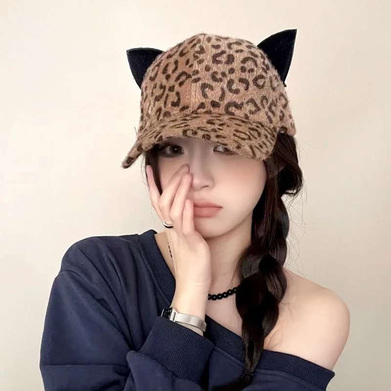 wholesale  Ladies Women Adjustable Unique 6 Panel Custom Leopard Baseball Cap With Cat Ears