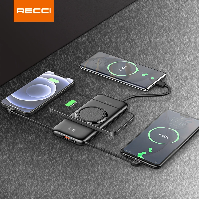 Hot Selling Portable LED Display Wireless Charger Fast Charging Power Bank 10000mAh Built-in 4 Cables Compatible with iPhone