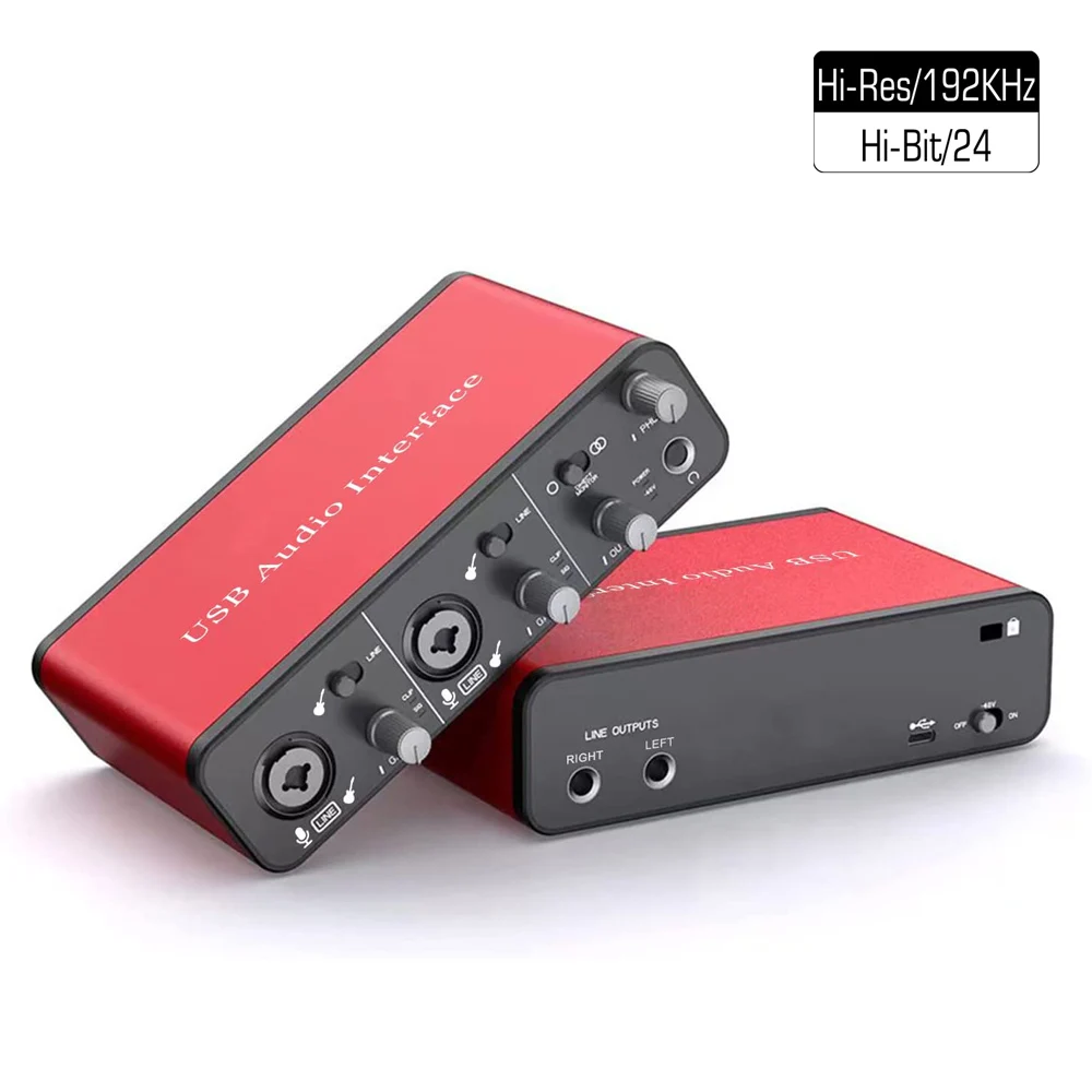 192KHz/24Bit 48V Phantom Power USB Audio Interface 2i2 Studio External USB Sound Card for Podcast Recording