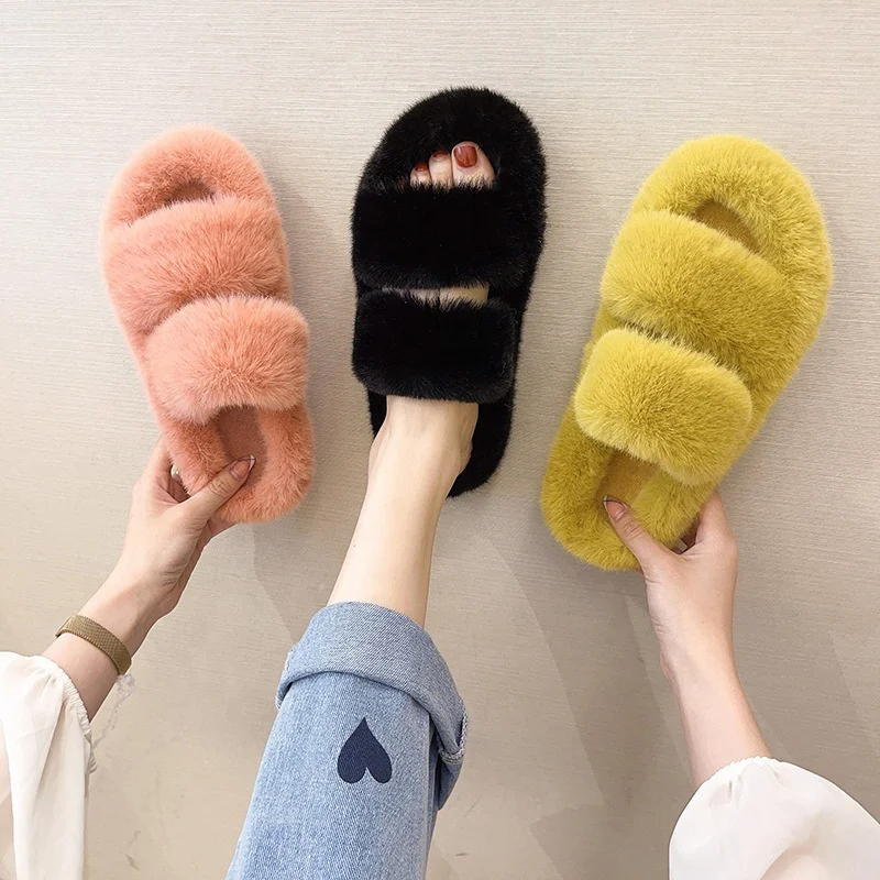 
2021 custom night slippers for women open-toe womens fluffy slippers soft faux-fur women slippers indoor 