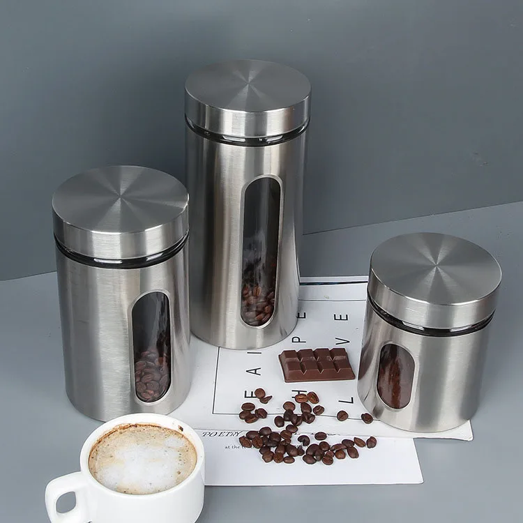 LIHONG Stainless Steel Visible Glass Storage Tank Coffee Beans Grain Sugar Metal Food Storage Canisters