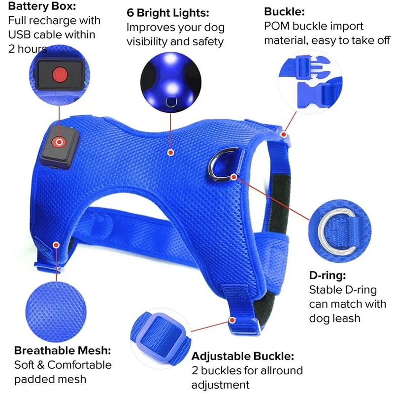 USB Rechargeable Reflective Dog Vest No Pull Led Dog Harness