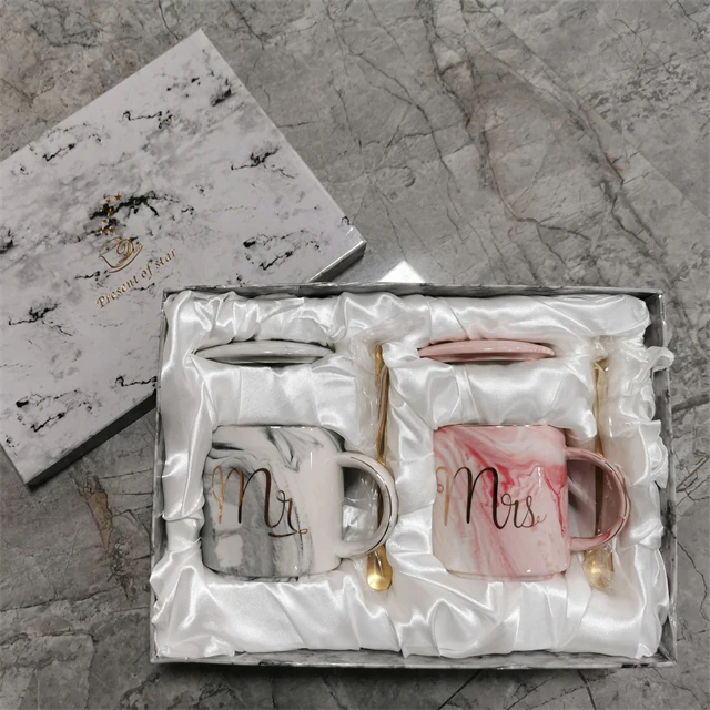 Gift box marble style mug set with gold printing Mr&Mrs gold rim 12oz ceramic porcelain coffee cup mug marble