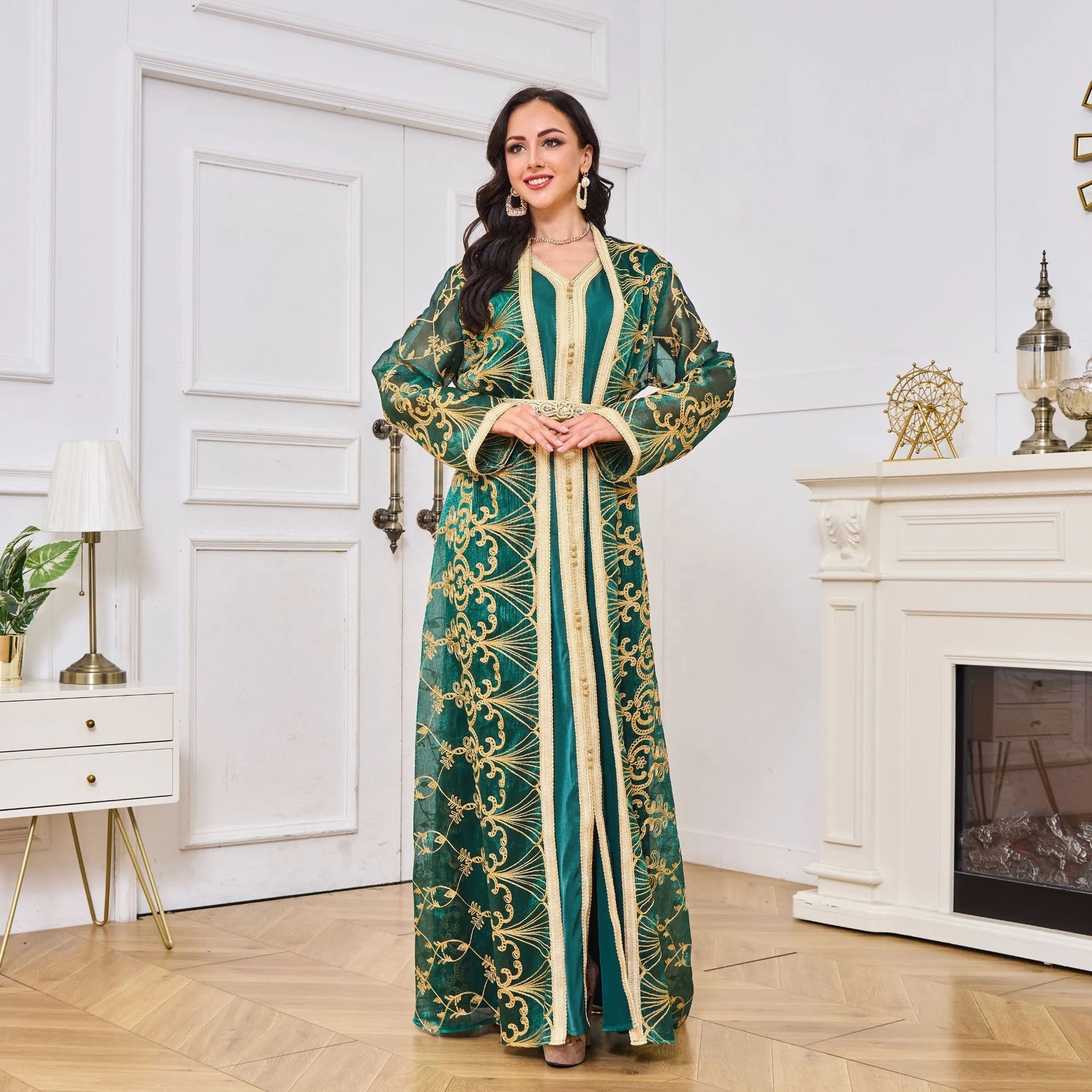 Eid Arabic Women Elegant Muslim Abaya Dubai Islamic Two Pieces Set Dress Luxury Green Turkey Moroccan Modest Long maxi dress