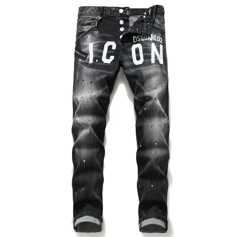 
Black grey paint ripping holes wild maple leaf icom personalized new jeans men 