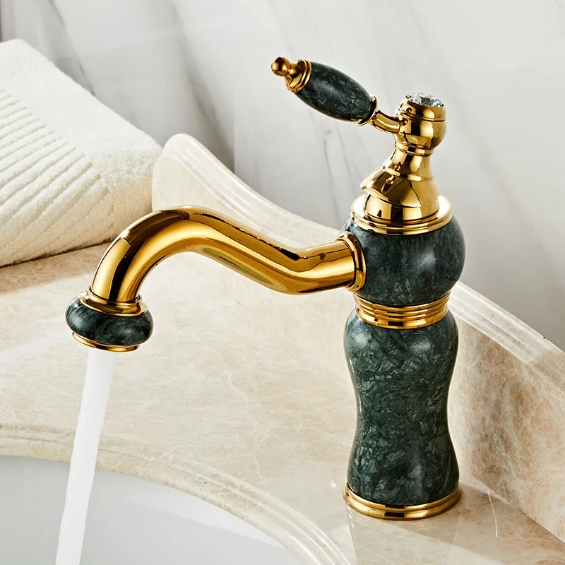 brass body gold plated bathroom basin mixer dark green jade wash basin tap