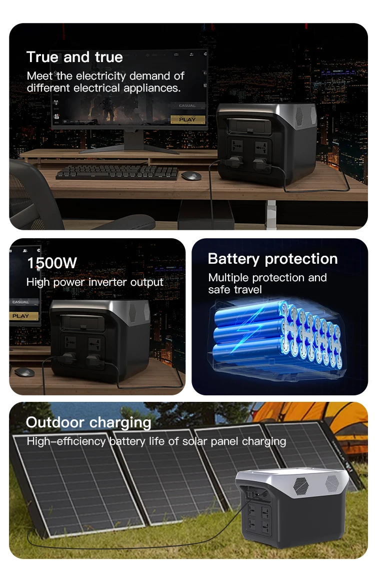 1500W Pure Sine Wave Outdoor Solar Battery Inverter Power Source MPPT Controller Household Energy Storage System Portable Power