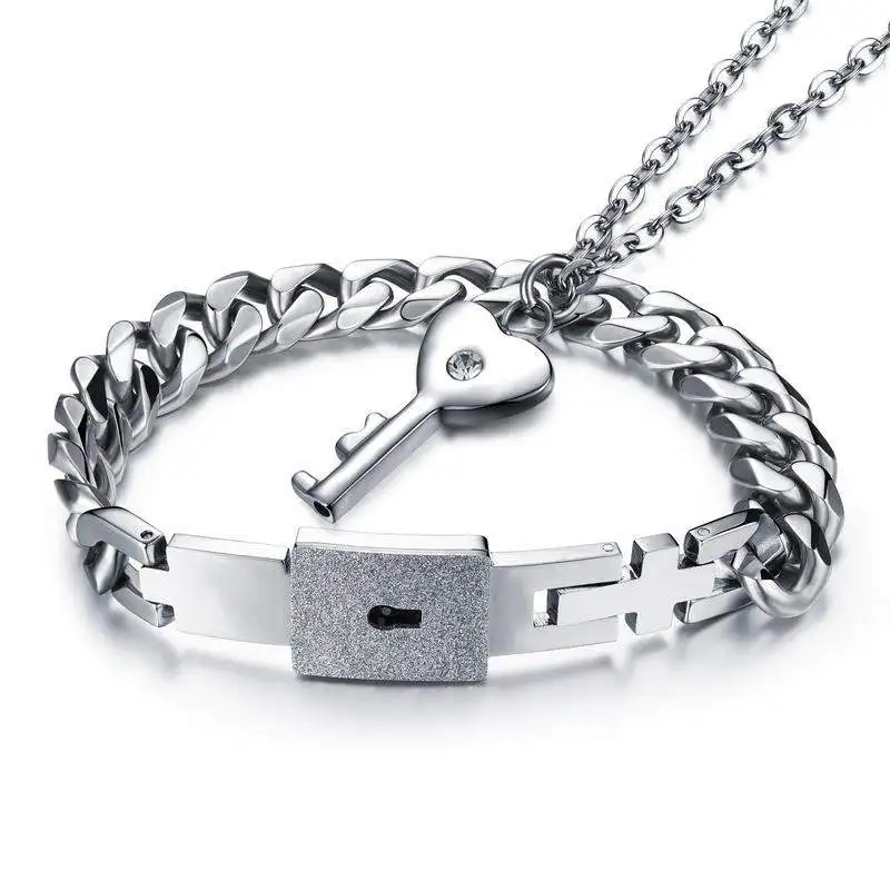 His Hers Love Heart Key Lock Bracelet Necklace, Valentines Day Titanium Steel Couples Jewelry Lock Bracelet and Key Necklace