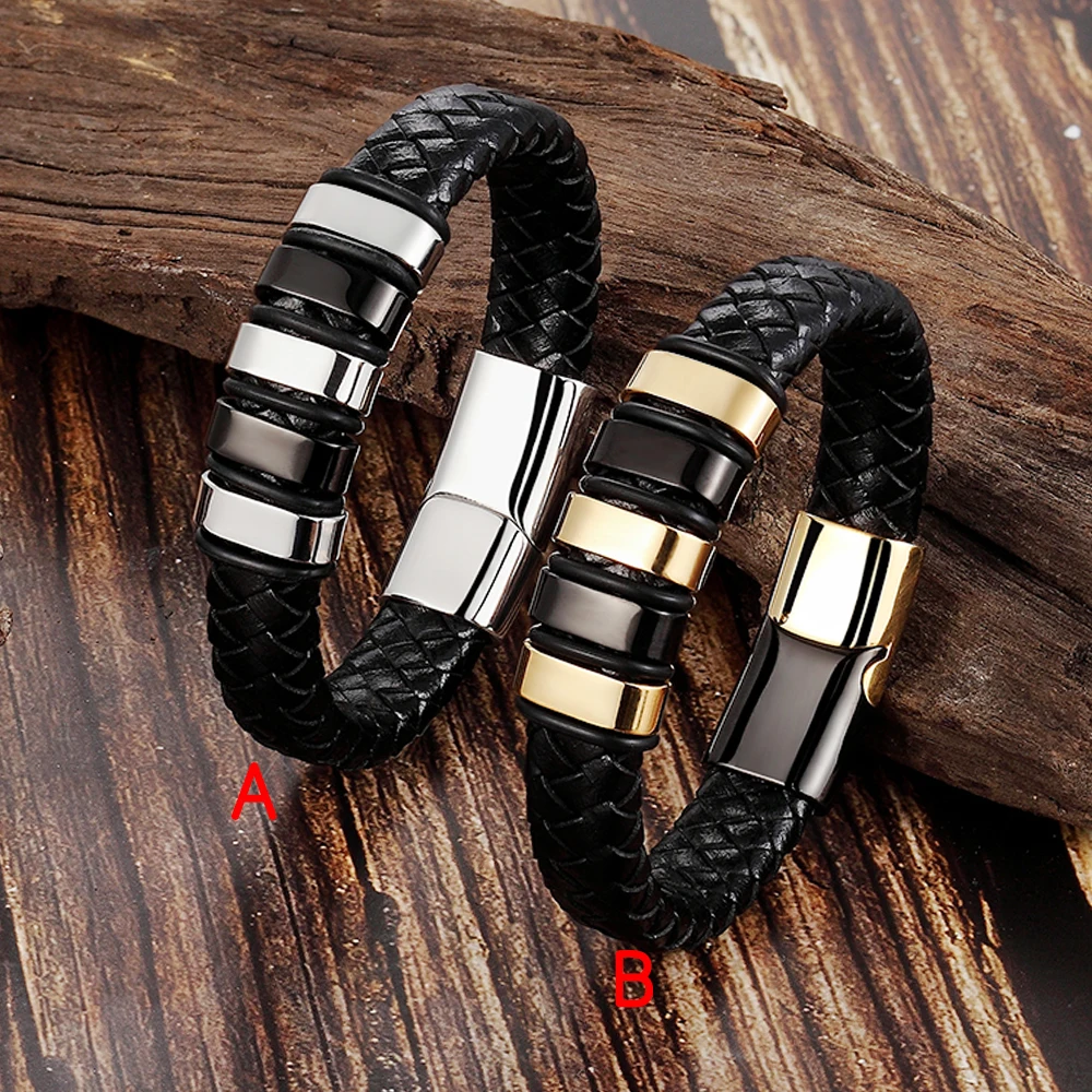 Personalized Genuine Leather Bracelet Stainless Steel Magnetic Clasp Leather Bracelet With Custom Logo Wholesale