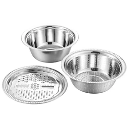 Factory  stainless steel  multi-function basin with  grater 3 in 1 vegetable cutter washing colander bowl set