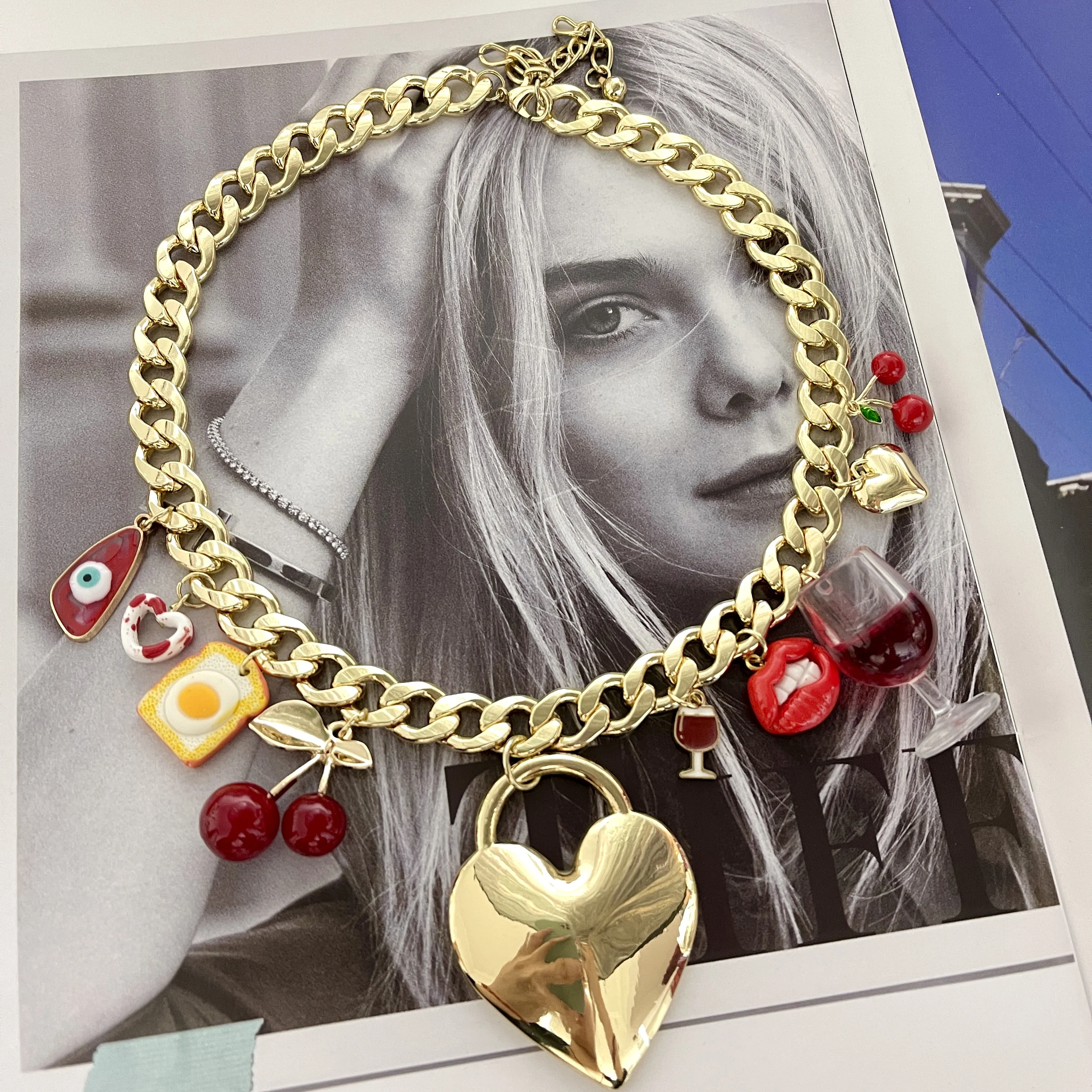 New Fashion Lovely Heart Wine Glass Lucky Eye  Cherry Lips Charm Necklace Gold Plated Chain Women Luxury Party Jewelry Gift