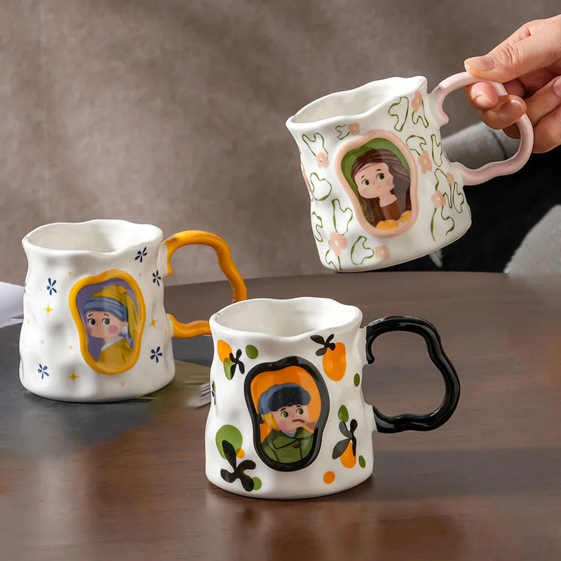 Нерегулярные керамические чайные чашки для воды кофейная кружка молока новая ретро-380 мл всемирно известная живопись винтажная керамическая чашка