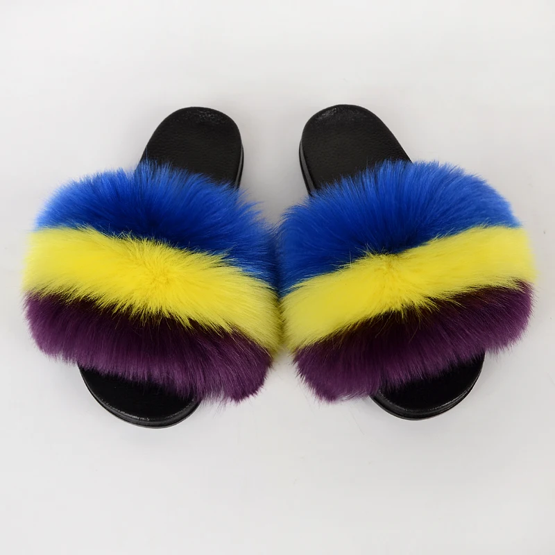 2021 Fashion style Summer Adult Child Mommy and baby Fur Slides Multi-color Furry rainbow Slippers