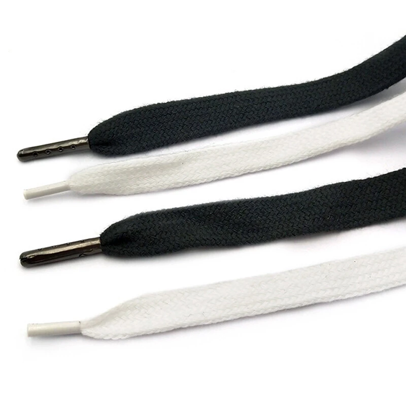 Plenty Stock 10mm Flat Cotton Fabric Shoelaces, Black Shoelaces Metal Tips For Hoody , Pants and Sports Wear