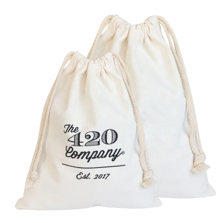 Ecofriendly large natural beige cotton canvas dust pouch with black logo printed hats handbag package drawstring bag