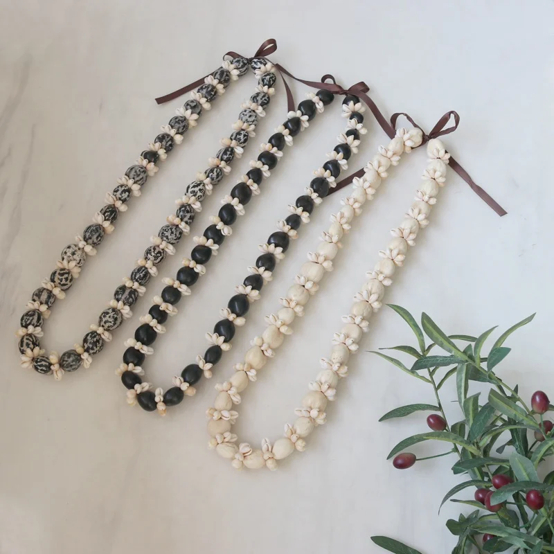 Customized Natural Hawaiian Lei Kuikui Nut Cowrie Shell Ring Necklace Summer Beach Jewelry Beach Wedding Holidays Jewelry Gift