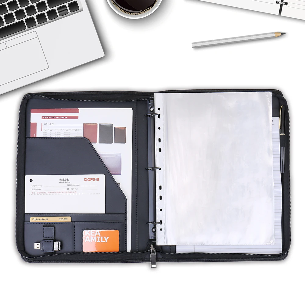 Customized Zip Round Pu Leather File Folder USB Date Line Storage 3 Binder Card Holder Document Portfolio File Folder