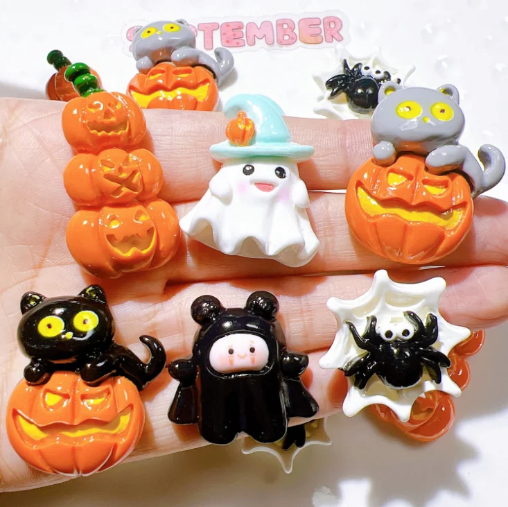New Design Halloween Resin Flatback Cabochons Pumpkin Bat Resin Charms DIY Hanmade Cups Phone Cells Accessories