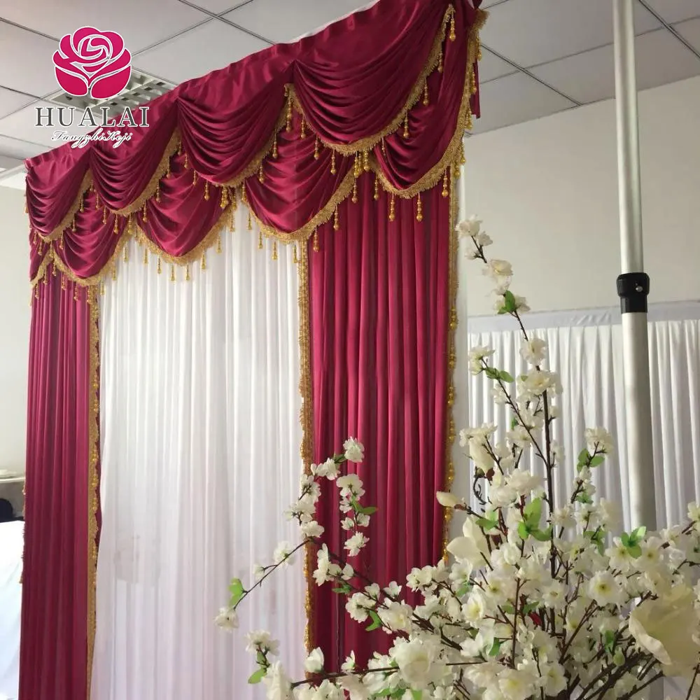 beatiful wonderful fancy wine red white tassels ice silk curtain drapes backdrop for wedding stage birthday party decoration