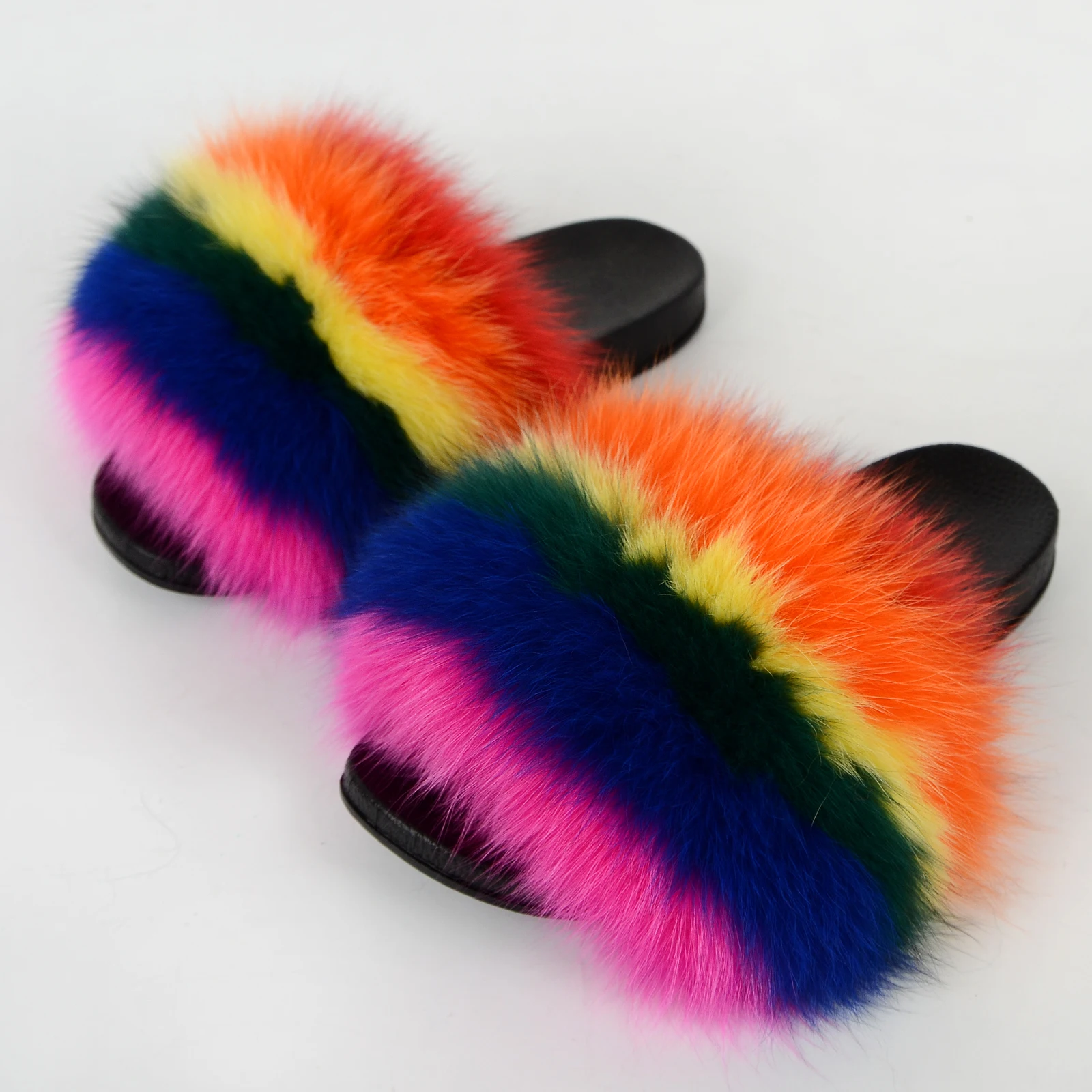 
Cost-effective colorful fashion luxury fluffy women middle fox fur slide 