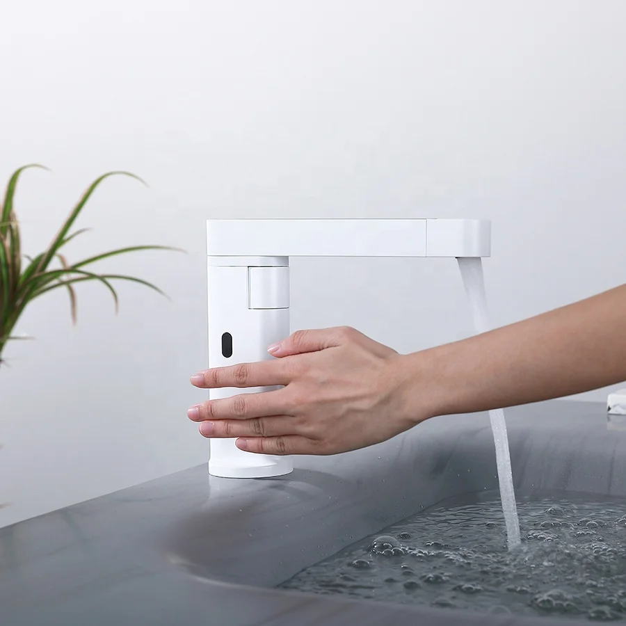 Aideal stylishly designed double control pure white 360 rotating pull out bathroom basin faucet with sensor