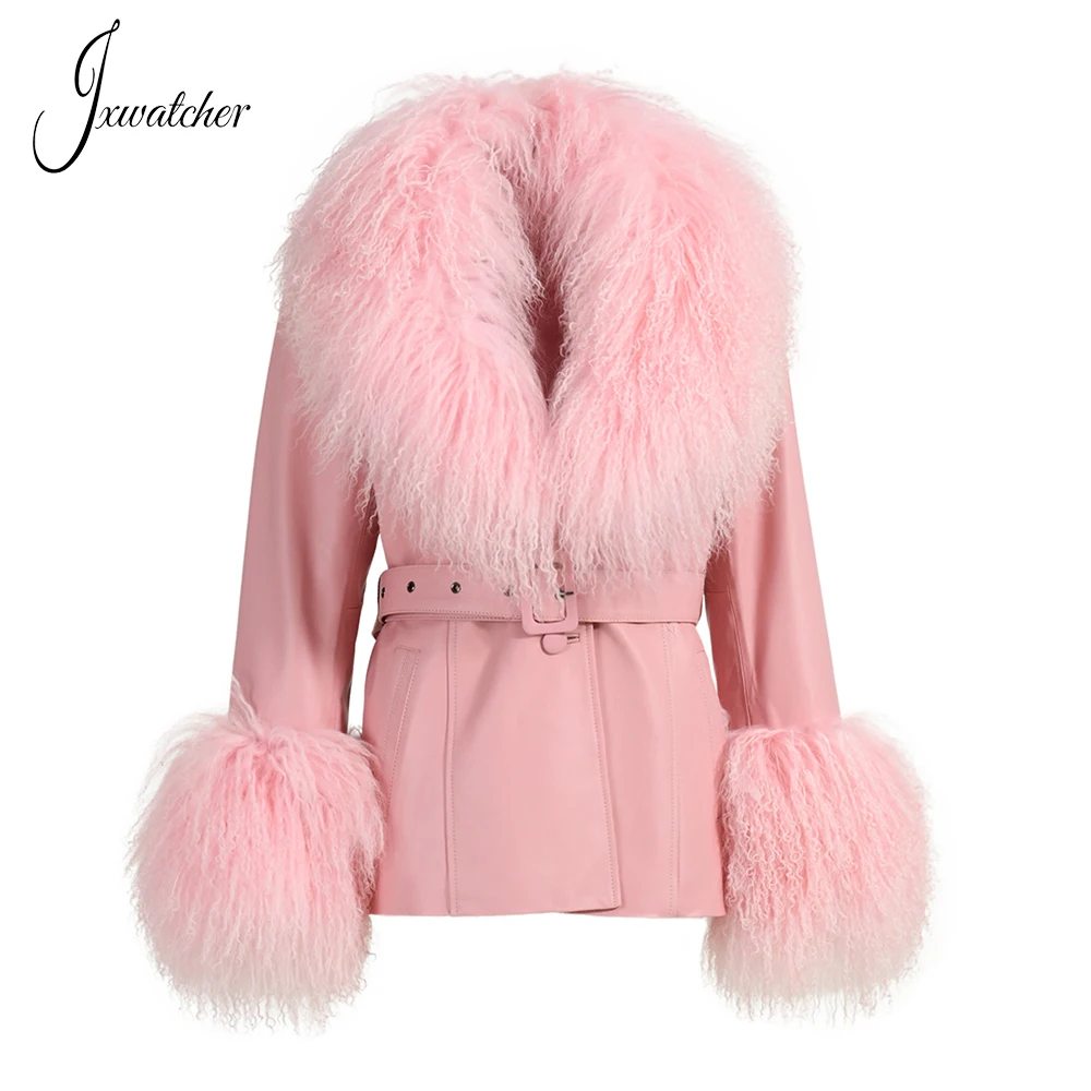 Short Real Sheepskin Leather Coat With Fluffy Mongolian Fur Collar And Cuffs Women Genuine Original Leather Coat