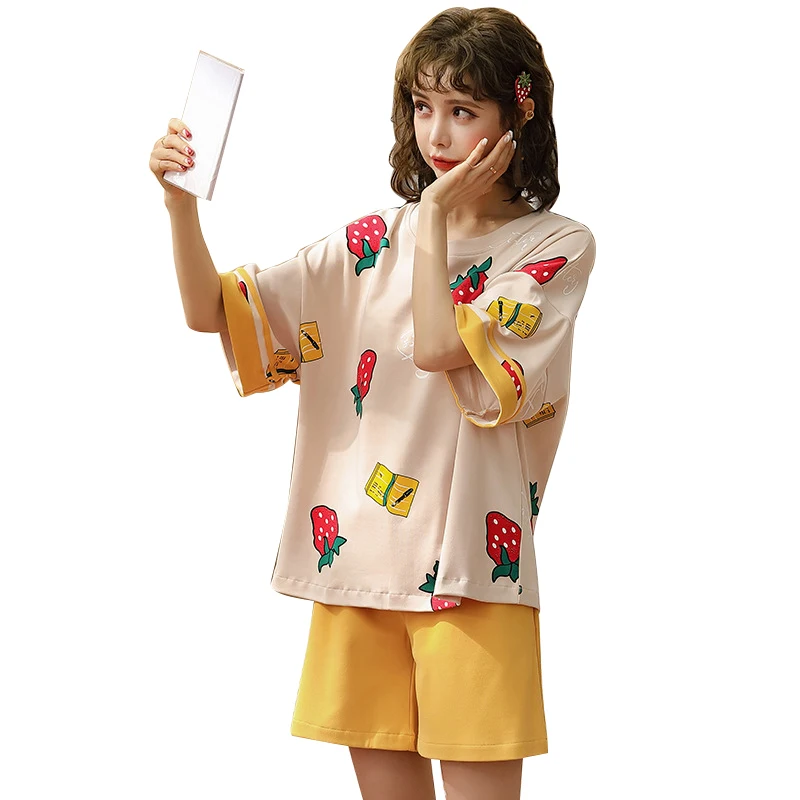 Летние хлопковые трикотажные шорты с коротким рукавом милый студенческий тонкий свободный костюм из двух частей для домашнего сервиса корейский Пижамный костюм