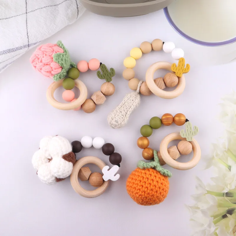 Ins hot sale ready to ship natural handmade knitting wooden crochet baby  lovely fruit Crop cotton wrist teether rattle toy