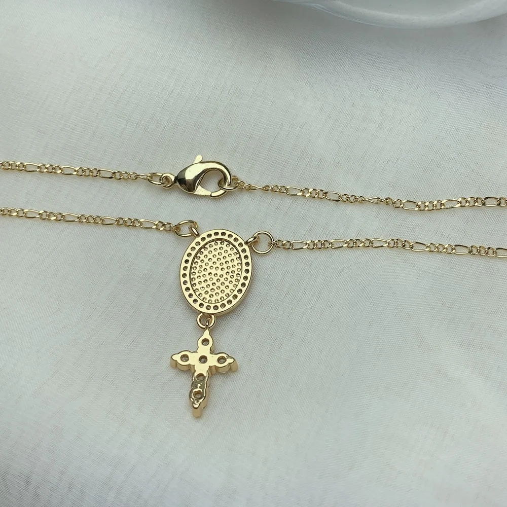 Metal Plated 18k Gold Zircon Small Cross Virgin Mary Pendant Figaro Chain Necklace For Women Jewelry