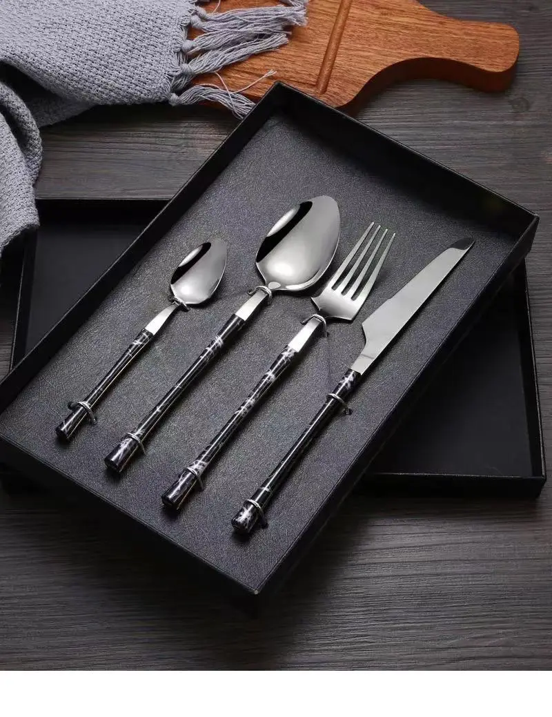 
Wholesale Nordic Flatware Sets Pigment Coating Spoon Fork Knife Stainless Steel Cutlery Set Silverware Gold With Box Custom Logo 