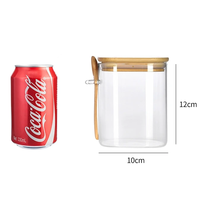 Transparent Glass Household Food Storage Jars with Bamboo Wood Lid Spoon for Salt Sugar Spice Pepper Seasoning for Hotels