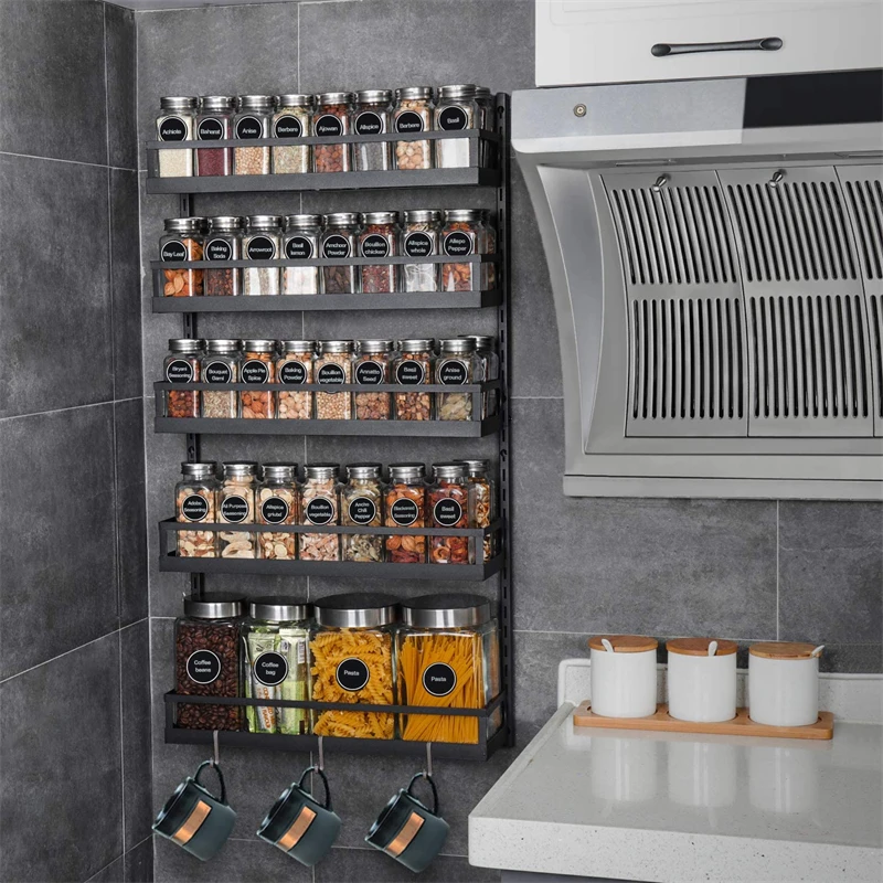 Wall Mount Spice Rack Organizer 5 Tier Height-Adjustable Hanging Spice Shelf Storage for Kitchen Pantry Cabinet Door Seasoning