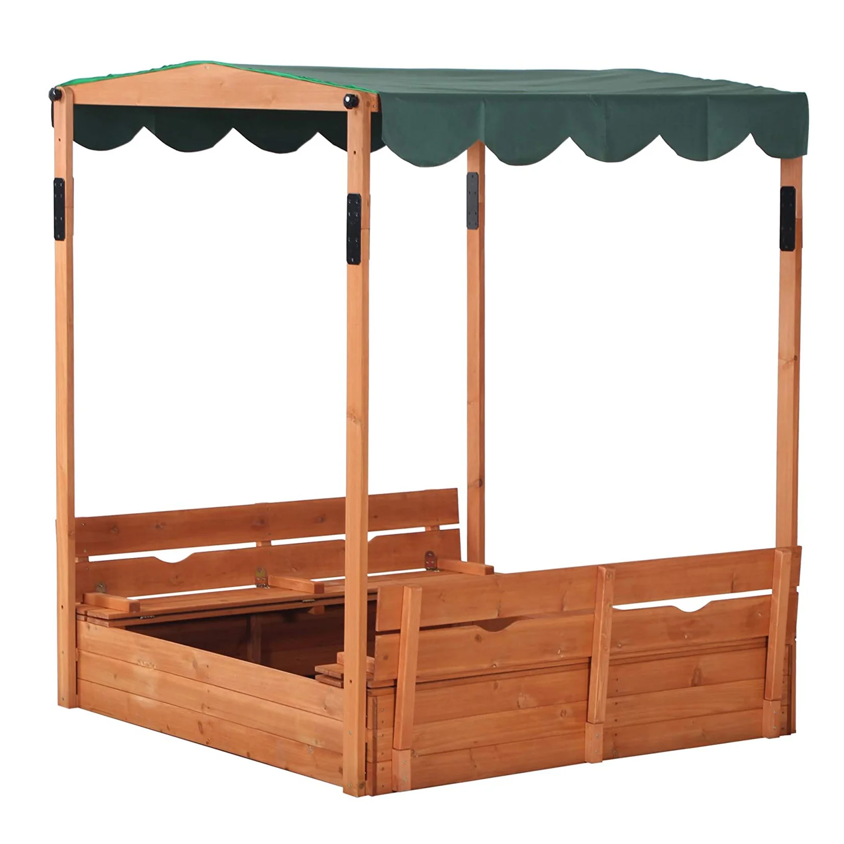 Outdoor Wooden Sandbox with Cover for Kids Cabana Sandbox with Adjustable Canopy Foldable Bench Seats for Backyard Lawn Garden