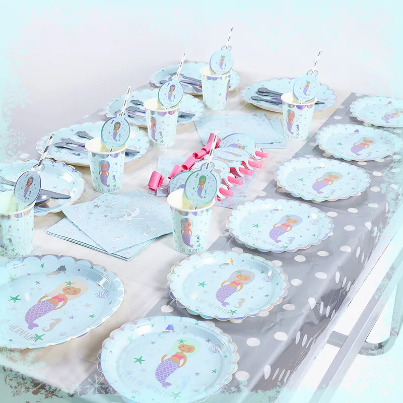 Новинка, горячее тиснение, серебряные принадлежности для вечеринки в стиле русалки, Набор детских принадлежностей для тематической вечеринки на день рождения, 6
