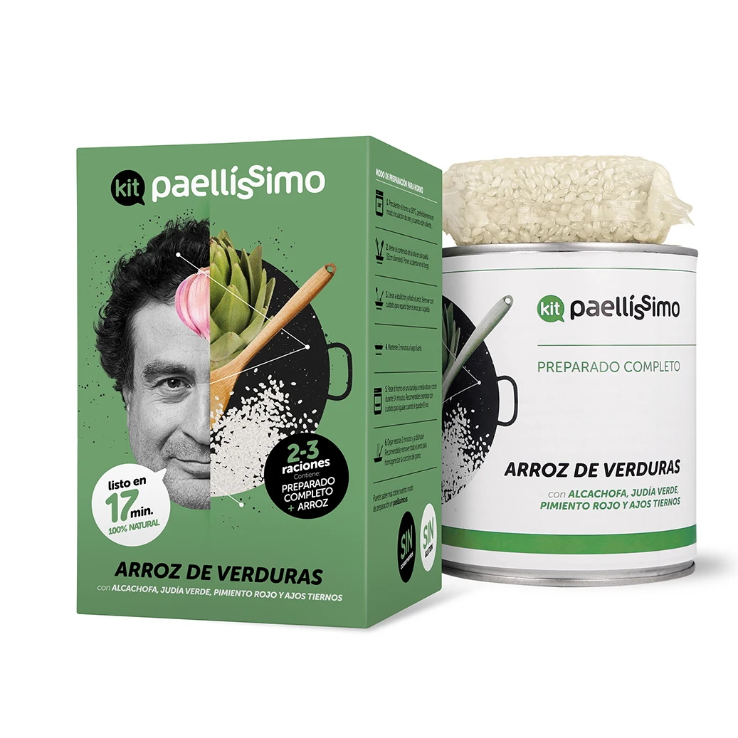 Spain Paella Rice. Kit paella instant. Vegan. Fast white rice meal. Canned product. Healthy. Vegetables rice meal. Instant food.