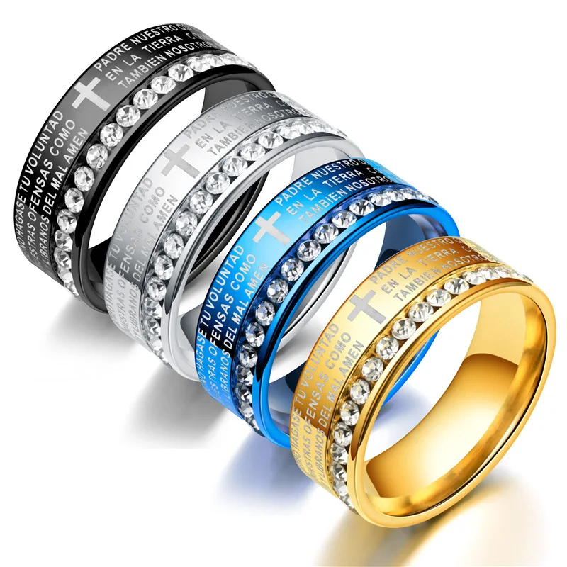 Wholesale stainless steel Spanish Bible Ring crystal Scripture Couple Ring