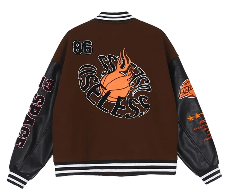 OEM custom winter hip hop style basketball emblem leather sleeve bomber varsity jacket for men