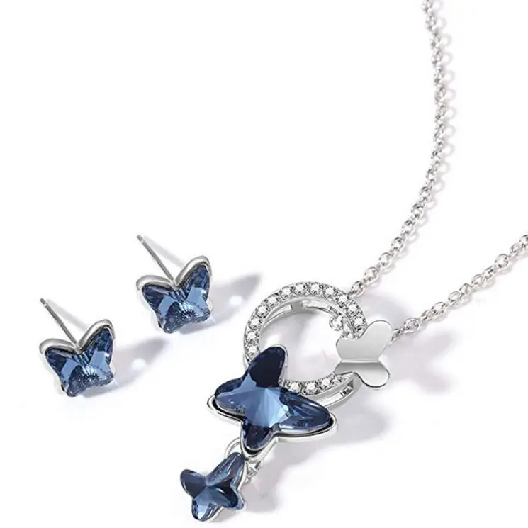 Blue Butterfly Crystal Jewelry Set Pendant Necklace And Stud Earrings