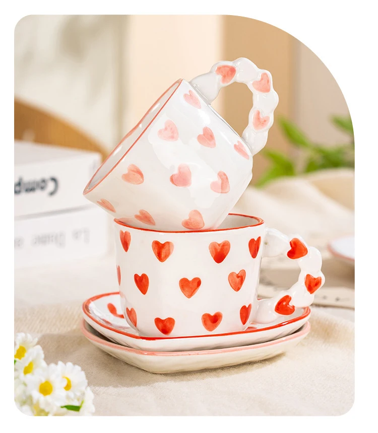 Creative Cute Girl Water Cup Fresh Hand Painted Pink Love Coffee Cups And Dish Underglaze Peach Heart Ceramic Mug And Dish Set