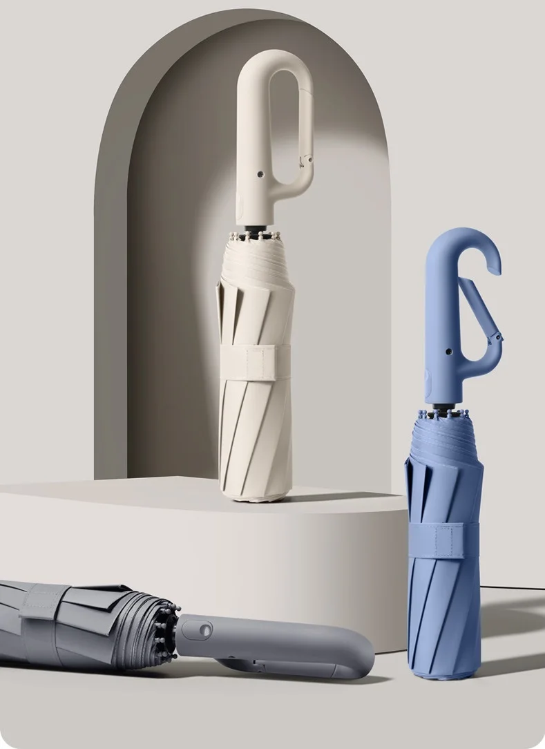 New Product Easy Carry Unique Wholesales Cheap Automatic Three Folding Umbrella With Hook Loop Lock Handle