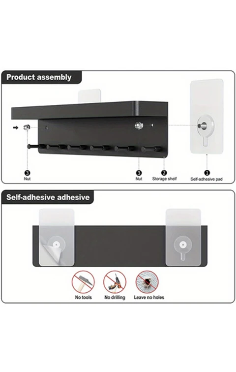 Wall 6 Hooks Key Holder Mail Organizer Wall Mount Key Hooks With Tray Metal White Key Rack For Kitchen Bathroom