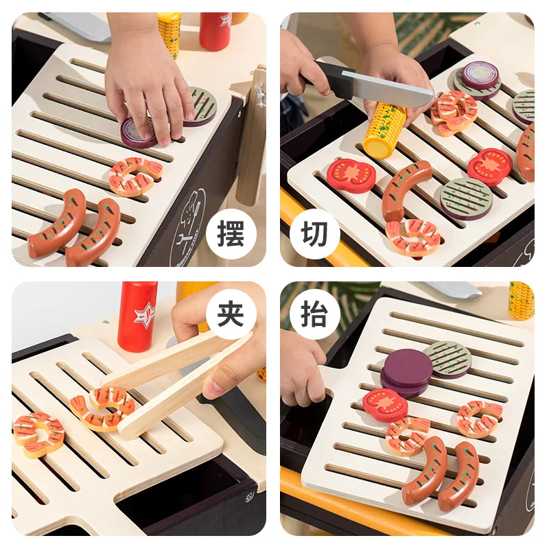 New Cooking Food Pretend Barbecue Trolley Toy Kids BBQ Cart Tool Wooden Role Play Toys Wooden Kitchen Set Game Gift for Children