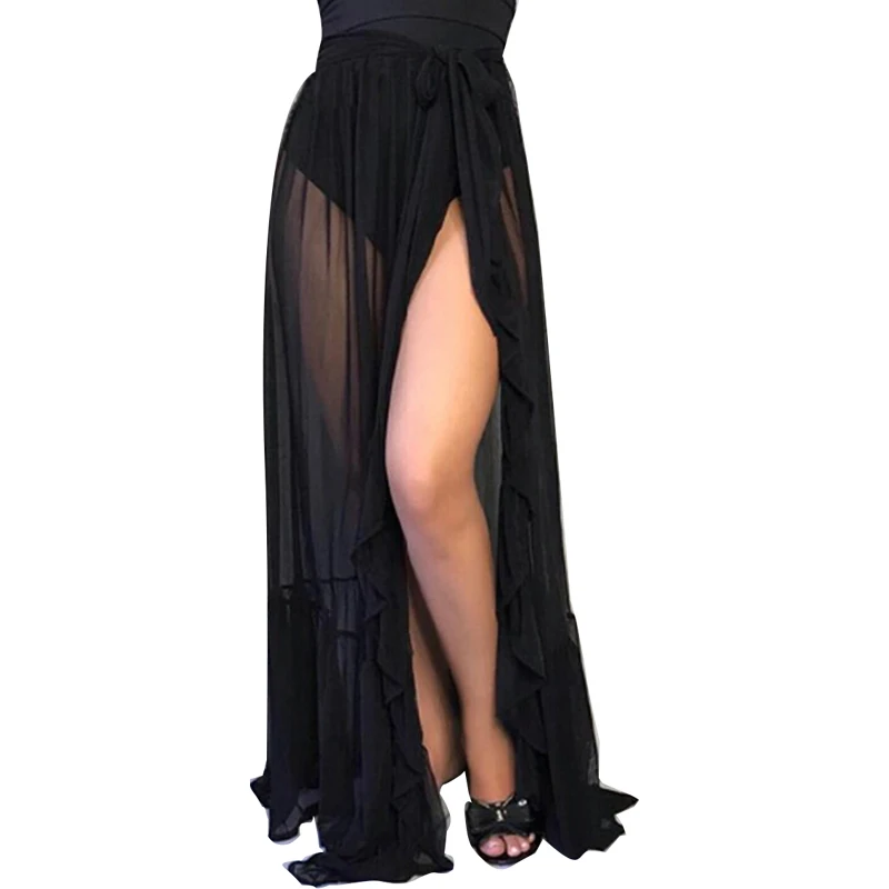 Sexy Women Mesh Sheer Beach Bikini Cover Ups Vacation Sunscreen Wrap Skirt 2021 New RufflesDot High Waist Split Bikini Cover Up