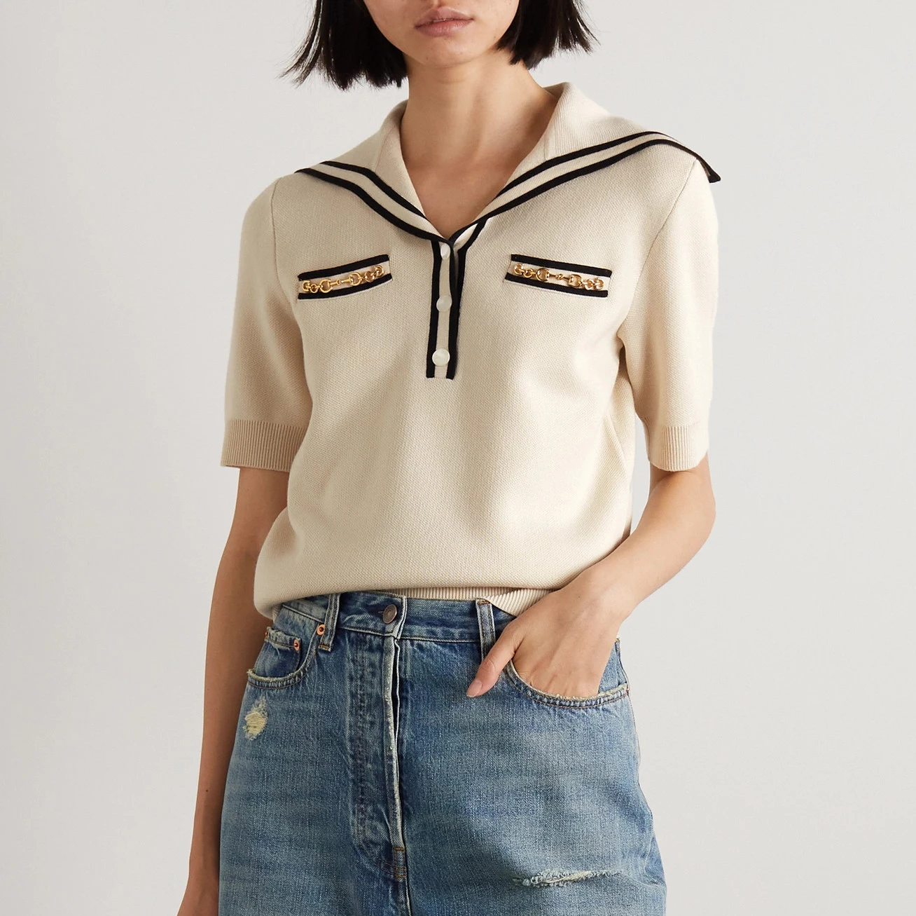 Custom summer short sleeve pocket stripe trim nautical style wool knitted polo shirt women