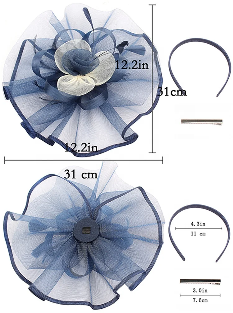 Повязка для волос sinamay женская с перьями, вечерний аксессуар для волос, крупная темно-синяя Вуалетка ручной работы, головной убор