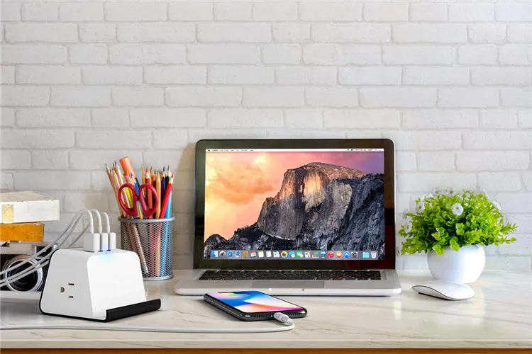 
Small Moq Desktop 2 Outlet Electrical Surge Protector Usb Multiple Charger Cube With Phone Holder Power Strip 