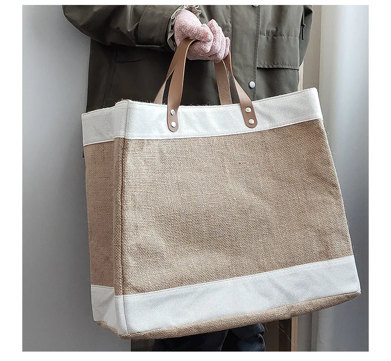 Eco customized brand logo PU leather handle plain blank linen burlap jute shopping tote bag
